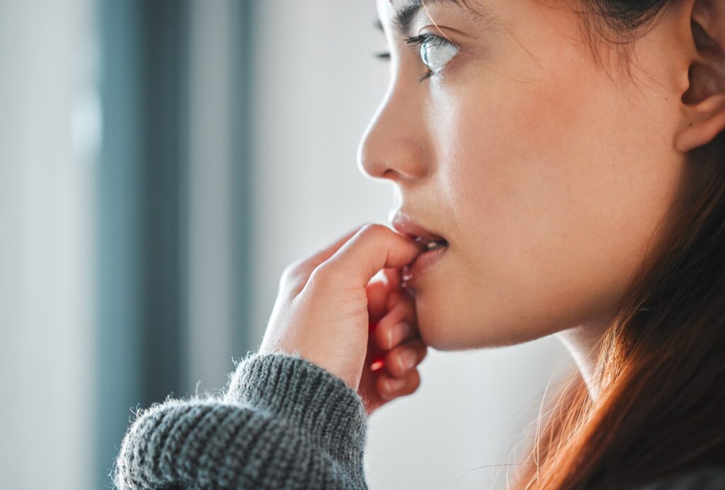 Mental,health,,woman,and,nervous,of,thinking,in,home,with